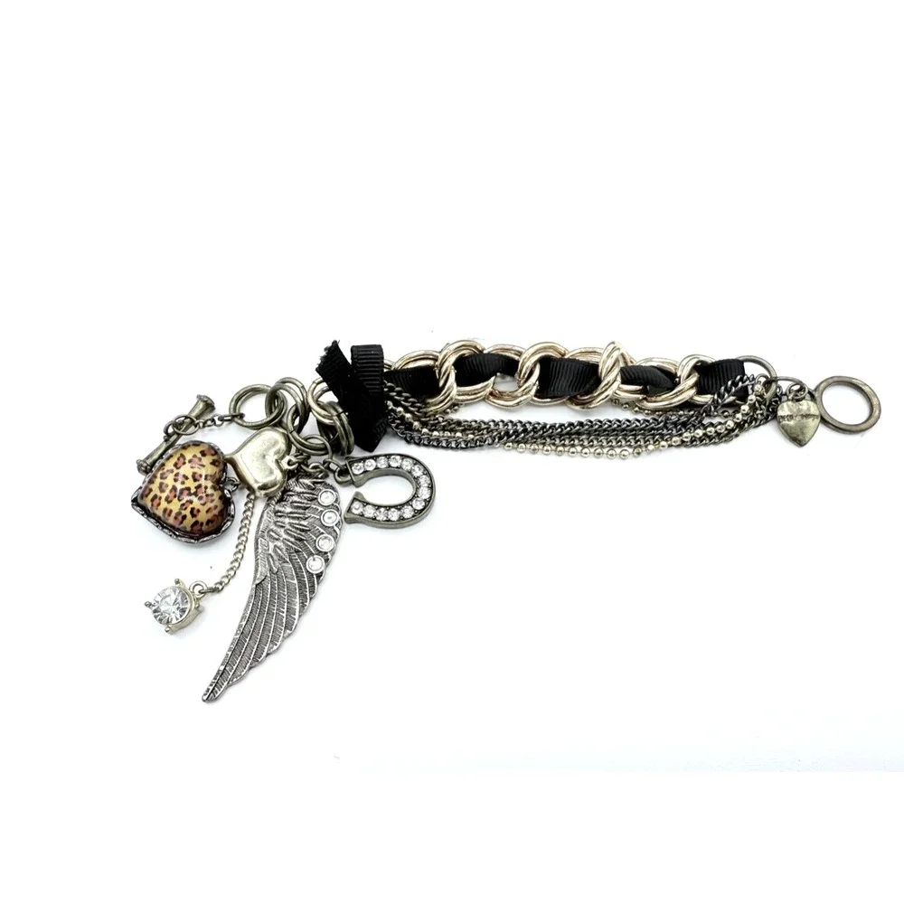 Betsey Johnson Wing Heart Leopard Multi-layer Chain Crystal Bracelet